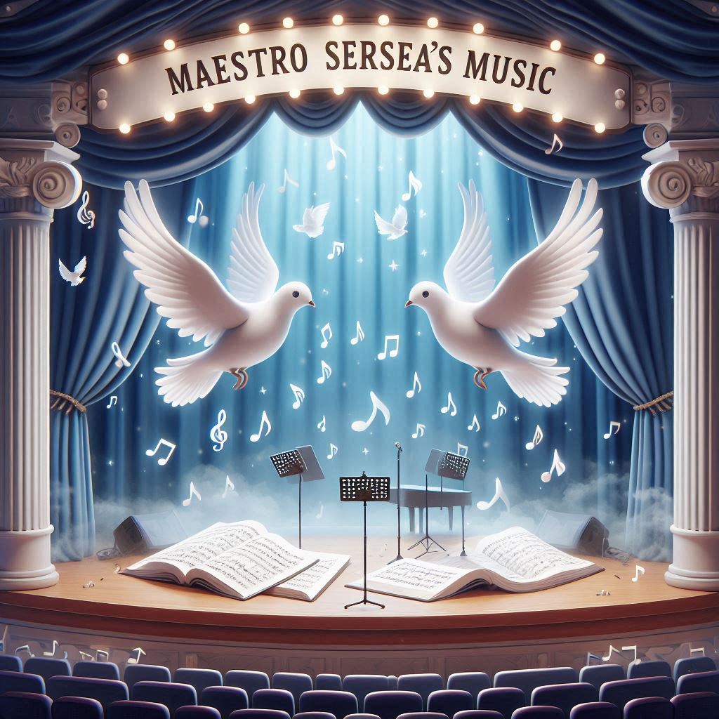 music stage with sign "Maestro Sersea's Music" with musical notes and white doves